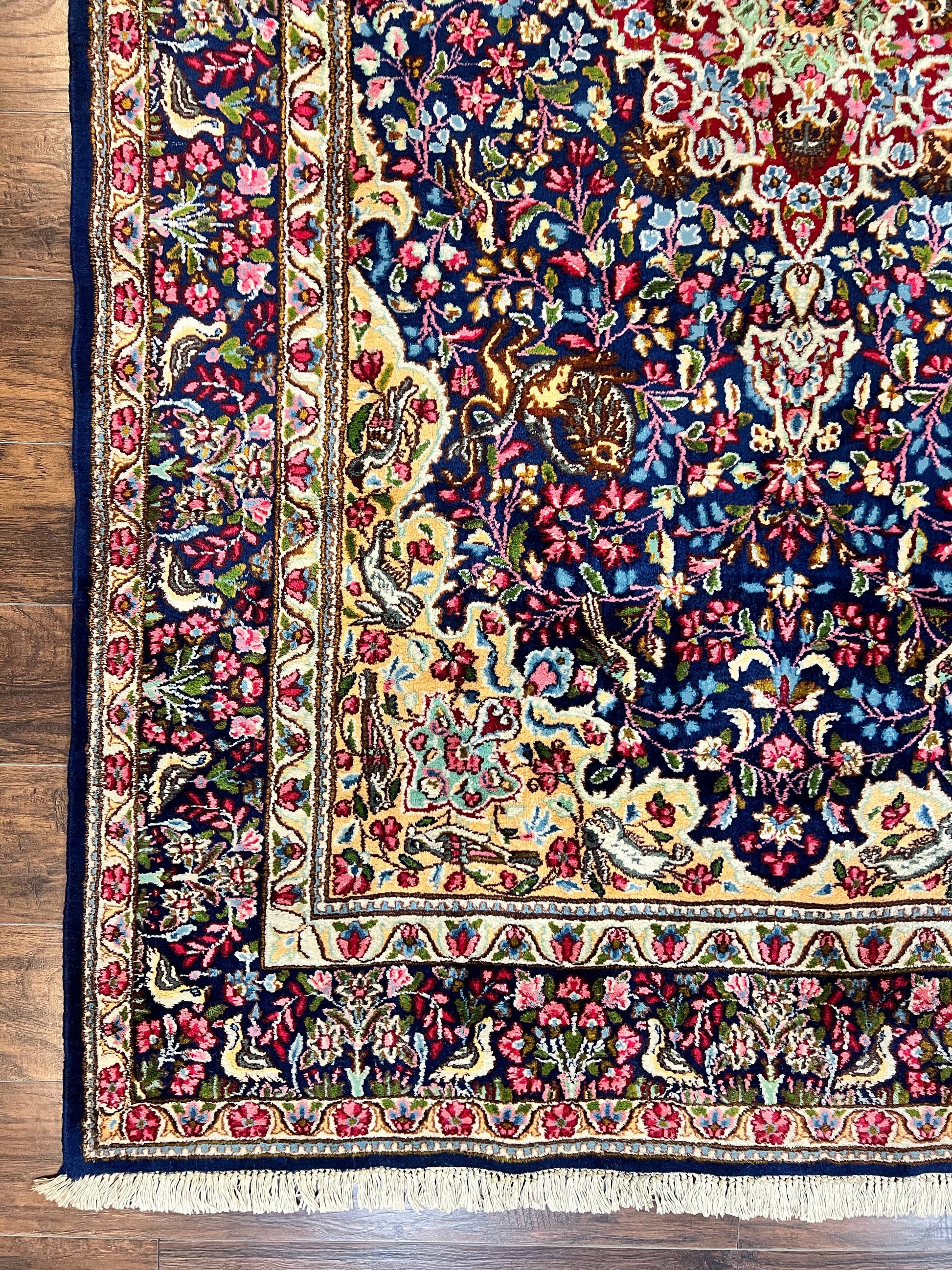 Persian Kirman Rug 6x9, Floral Medallion Vintage Wool Handmade Carpet 6 x 9, Animal Pictorials Birds, Semi Antique, Navy Blue, Millefleur - Nuvé