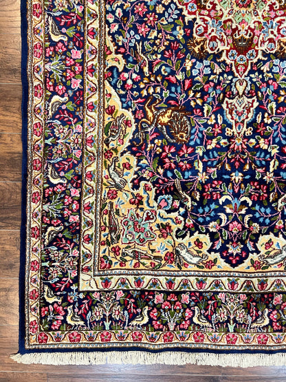 Persian Kirman Rug 6x9, Floral Medallion Vintage Wool Handmade Carpet 6 x 9, Animal Pictorials Birds, Semi Antique, Navy Blue, Millefleur - Nuvé