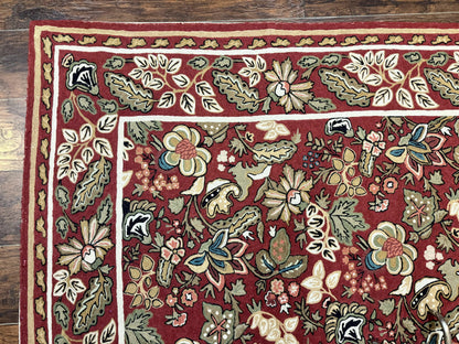 Indian Hand Stitched Rug 8x10, Large Vintage Floral Handmade Carpet, Dark Red Multicolor