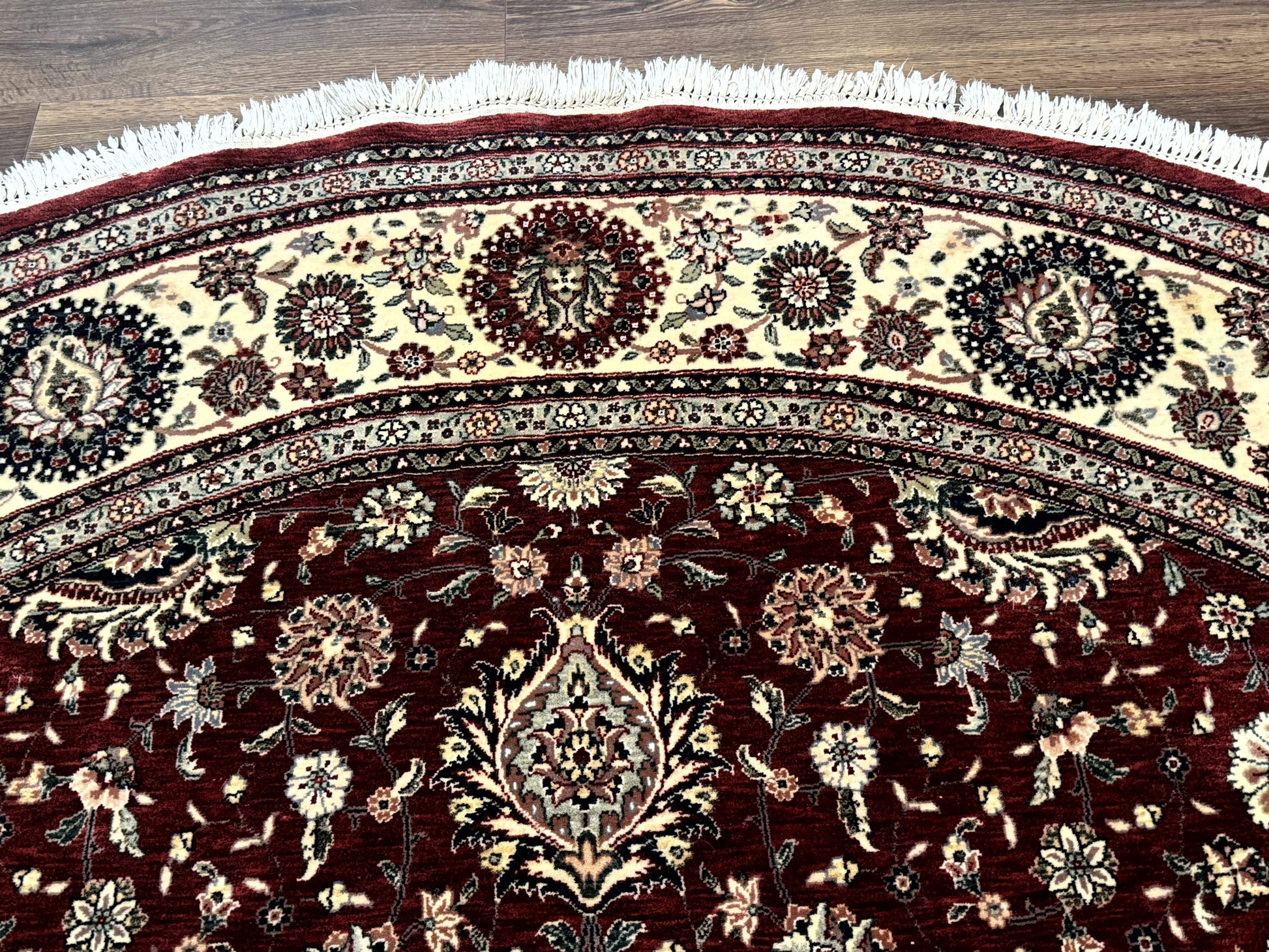 Round Sino Persian Rug 9x9, Burgundy and Cream, Floral, Wool and Silk, 9ft Round Carpet - Nuvé