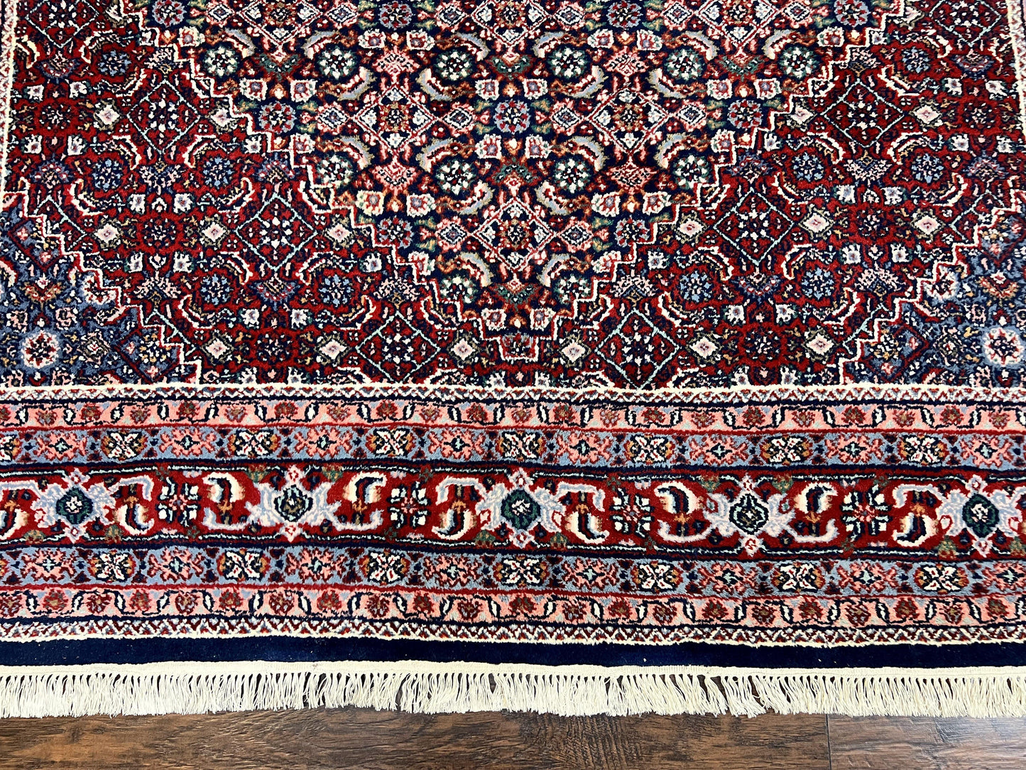 Indo Persian Rug 7x10, Dark Blue and Red Hand Knotted Wool Vintage Oriental Carpet 7 x 10 ft, Handmade Bidjar Rug, Herati Pattern Indian Rug - Nuvé