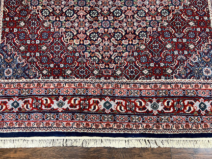 Indo Persian Rug 7x10, Dark Blue and Red Hand Knotted Wool Vintage Oriental Carpet 7 x 10 ft, Handmade Bidjar Rug, Herati Pattern Indian Rug - Nuvé