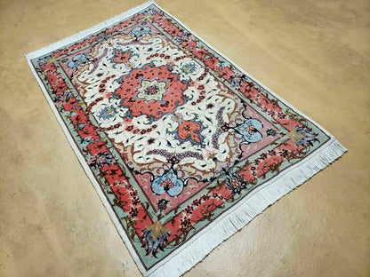 Small Vintage Persian Tabriz Wool and Silk Rug 2.5 x 4 ft, Very Finely Hand Knotted, Medallion, Ivory Salmon Light Blue, Top Quality, Pair A - Nuvé