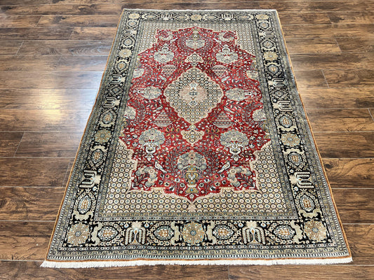 Wonderful Persian Silk Rug 5x7, Birds Floral Vases, Red, Hand Knotted Silk Fine Oriental Carpet, Handmade Vintage, Persian Qum Rug, 400 KPSI - Nuvé