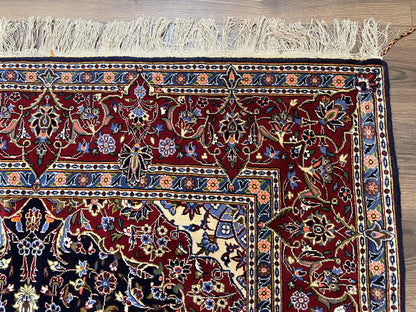 Dark Blue Persian Rug 5x8, Kork Wool Semi Antique Kashan Carpet, Very Fine Lachak Toranj Rug, Hand Knotted Floral Medallion Rug, 5 x 8 Oriental Rug - Nuvé