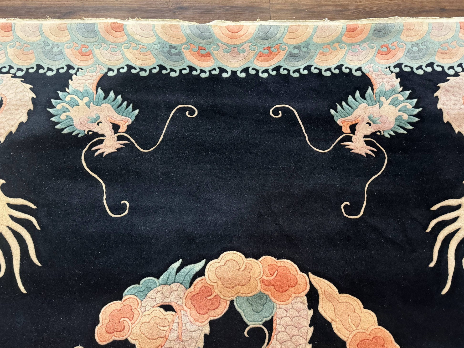 Black Chinese Wool Rug 8x10 with Dragons, Rainbow Borders, Rare - Nuvé