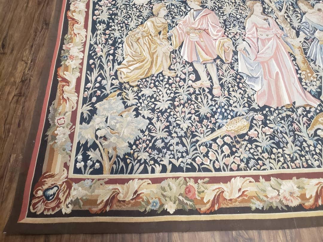 Vintage European Tapestry 5.4 x 7.11, Antique Style European Wall Hanging, Aubusson Weave Handmade Tapestry, Courtship Dating Scene, Animals - Nuvé