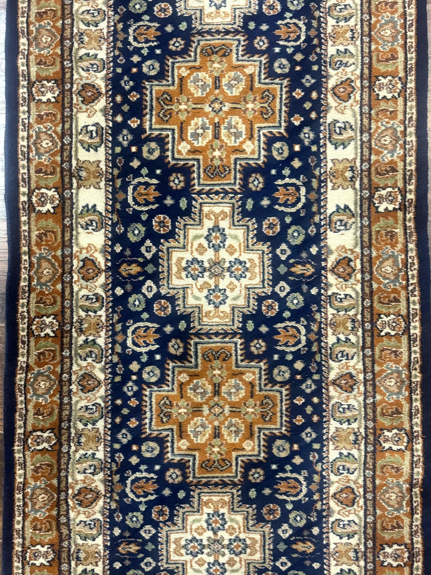 Indo Persian Runner Rug 2.6 x 12.7, Indian Kashmiri Runner for Hallway or Kitchen, Navy Blue, Geometric Medallions, Handmade Wool - Nuvé