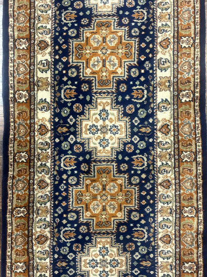 Indo Persian Runner Rug 2.6 x 12.7, Indian Kashmiri Runner for Hallway or Kitchen, Navy Blue, Geometric Medallions, Handmade Wool - Nuvé