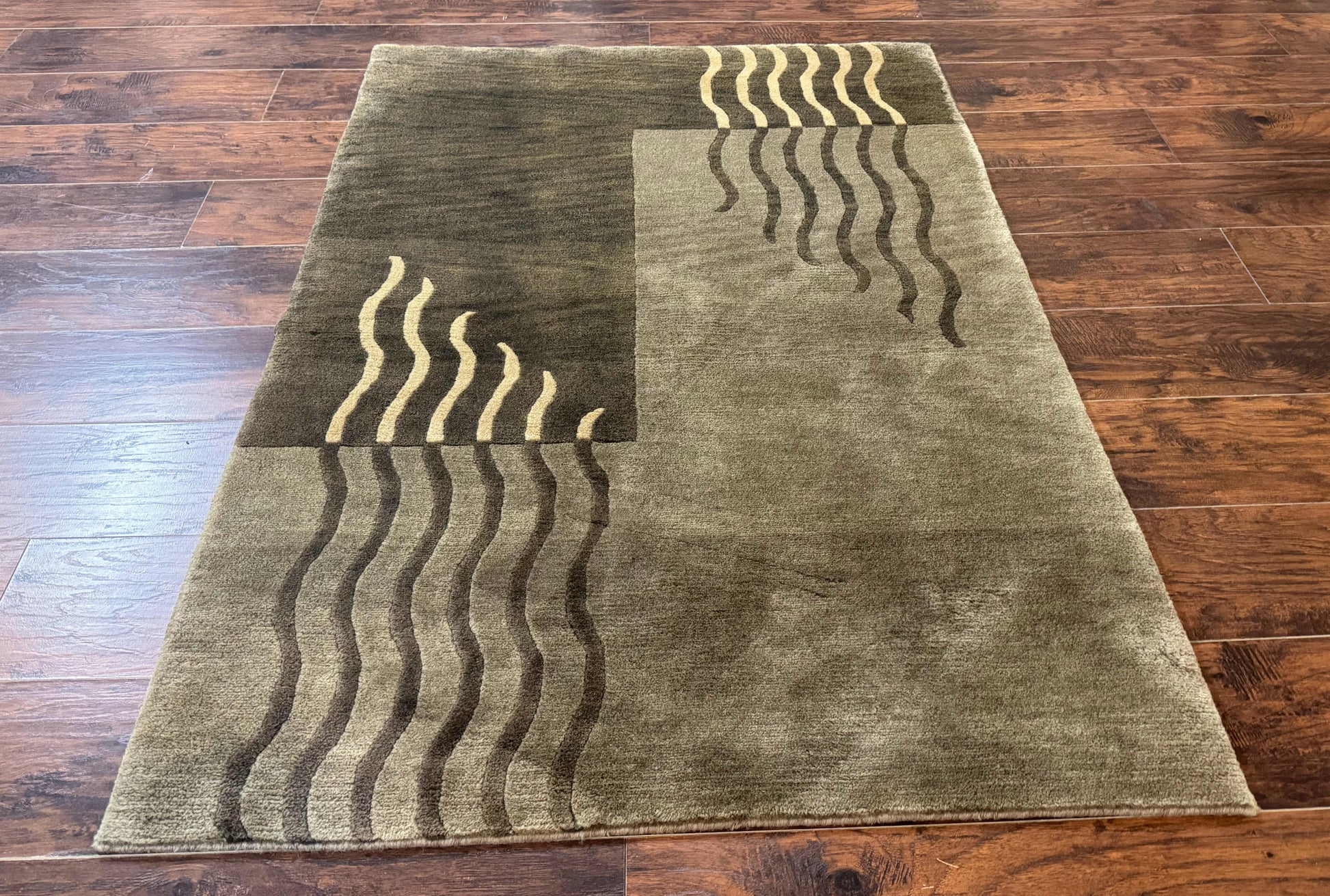 Modern Tibetan Wool Rug 3.6 x 5.6, Shades of Green, Abstract Design - Nuvé