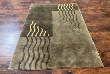 Modern Tibetan Wool Rug 3.6 x 5.6, Shades of Green, Abstract Design - Nuvé