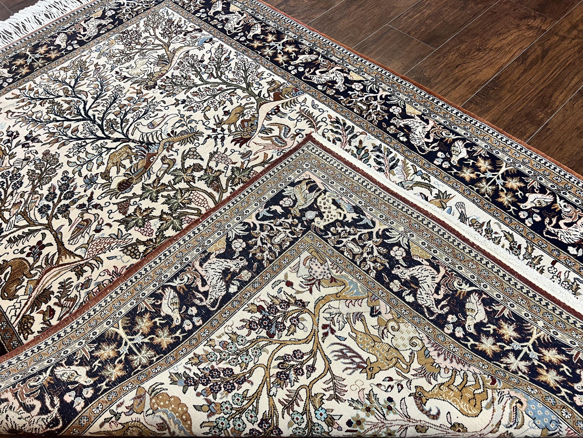 Persian Qum Tree of Life Rug 5x7, Wool and Silk Highlights, Animal Motifs, Vintage Hand Knotted Handmade Cream & Black Fine Oriental Carpet - Nuvé