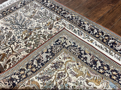 Persian Qum Tree of Life Rug 5x7, Wool and Silk Highlights, Animal Motifs, Vintage Hand Knotted Handmade Cream & Black Fine Oriental Carpet - Nuvé