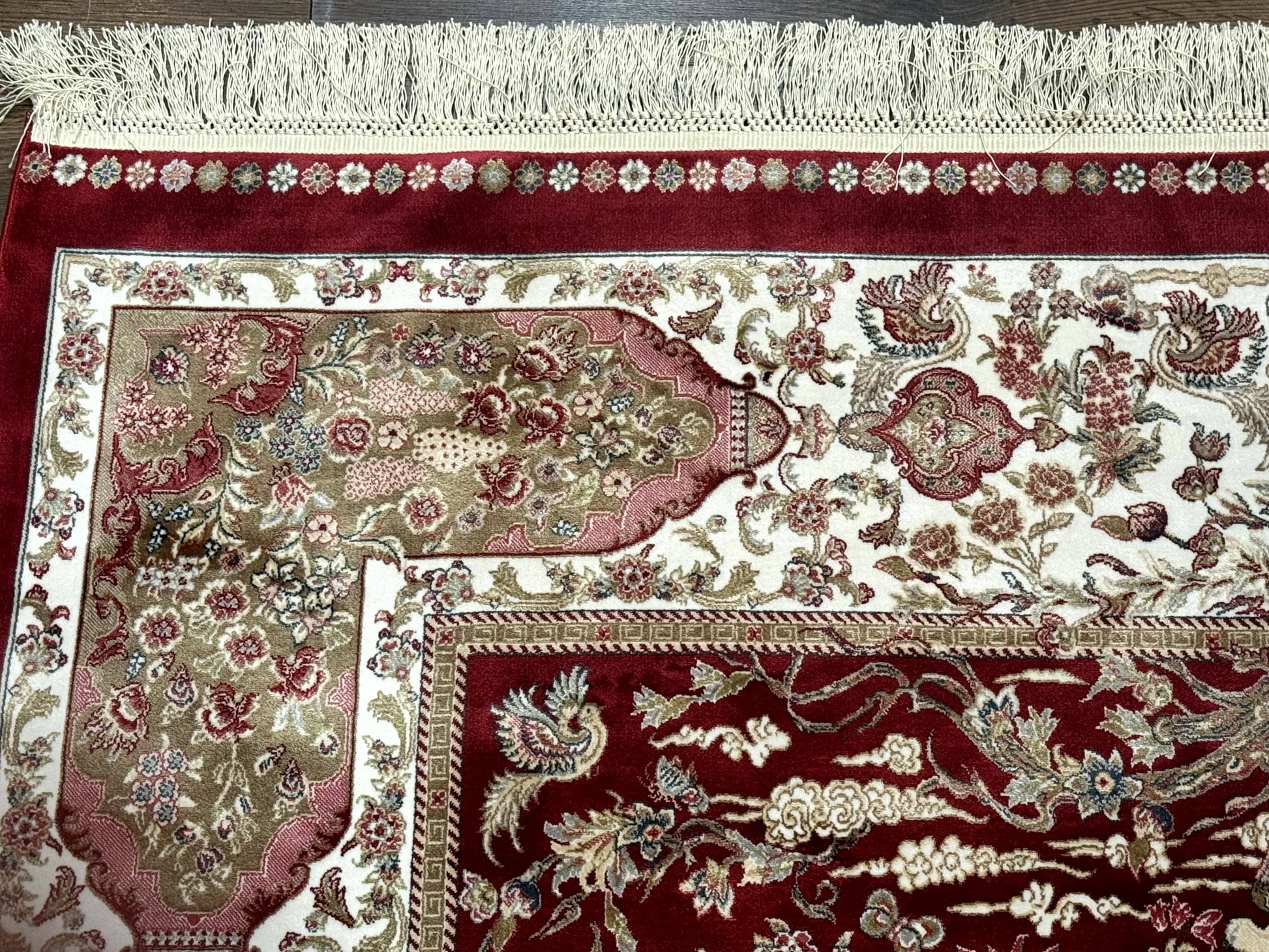Turkish Silk Hunting Scene Rug 5 x 7.6, Red & Ivory, Bamboo Silk, New - Nuvé