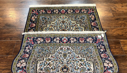 Persian Qum Rug 3x5, Wool with Silk Highlights, Handmade Semi Antique Carpet, Ivory & Navy Blue, Floral Medallion, Finely Hand Knotted - Nuvé