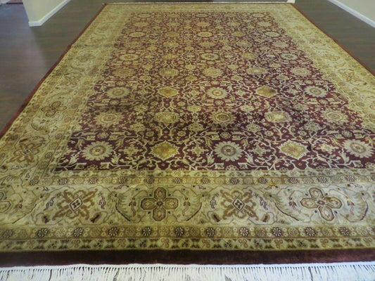 Indian Agra Rug 10x14 Vintage Handmade Larastan Wool Carpet Maroon Floral - Nuvé