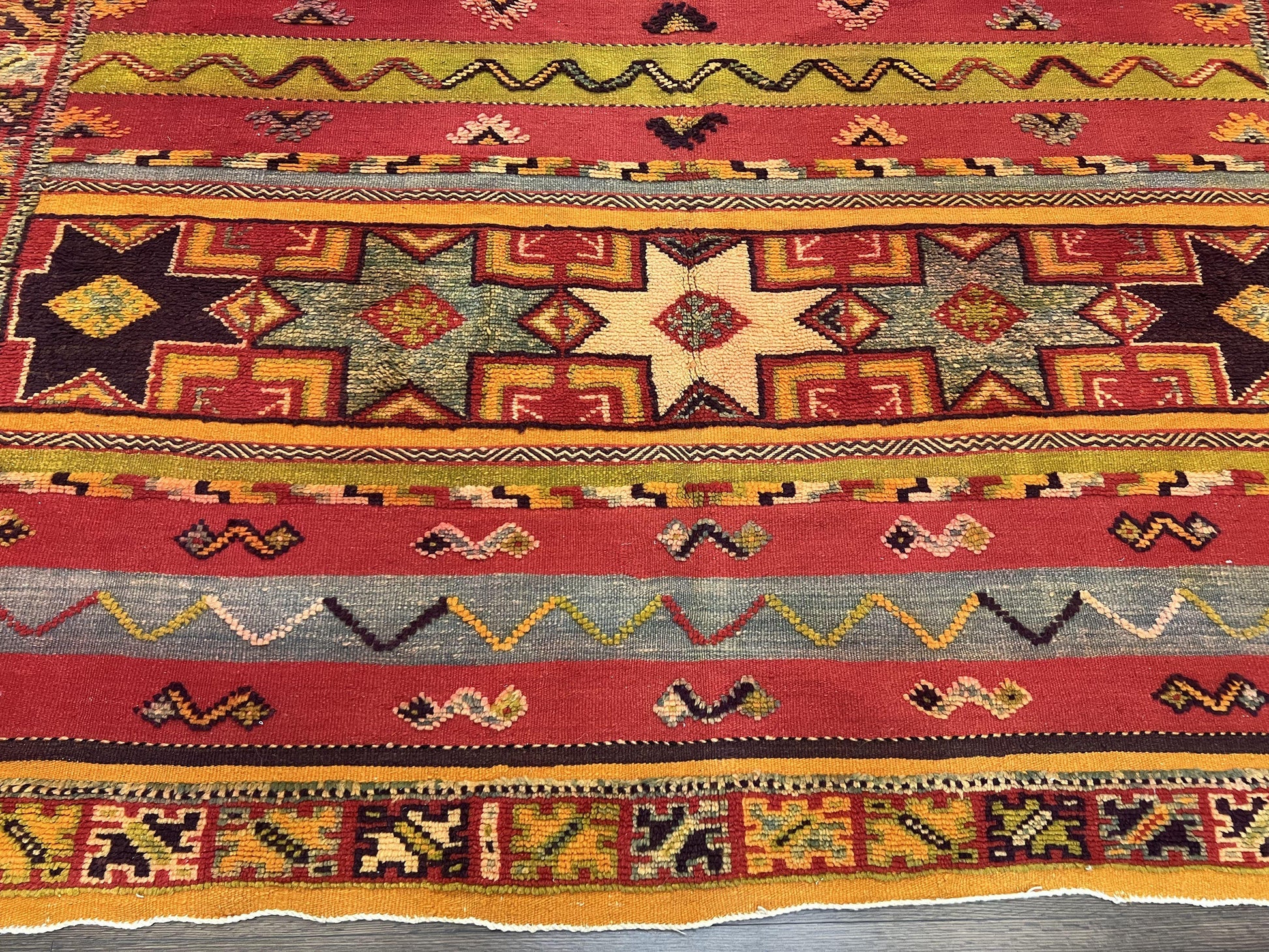 Unique Moroccan Rug 7x10, Room Sized Carpet, Red Orange Gray, Wool Oriental Striped Geometric Tribal Boho Rug, Flatweave with Raised Pile - Nuvé