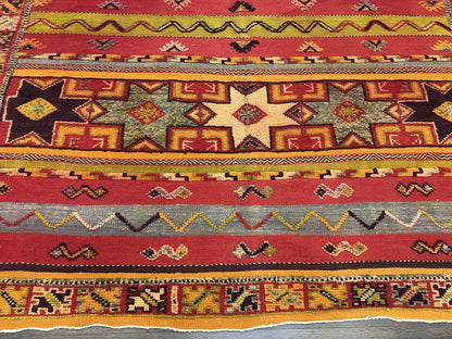 Unique Moroccan Rug 7x10, Room Sized Carpet, Red Orange Gray, Wool Oriental Striped Geometric Tribal Boho Rug, Flatweave with Raised Pile - Nuvé