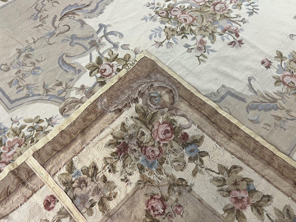 Aubusson Needlepoint Rug 9x12, VIntage Handmade Wool Beige Floral European Elegant Rug 9 x 12, Floral Roses - Nuvé