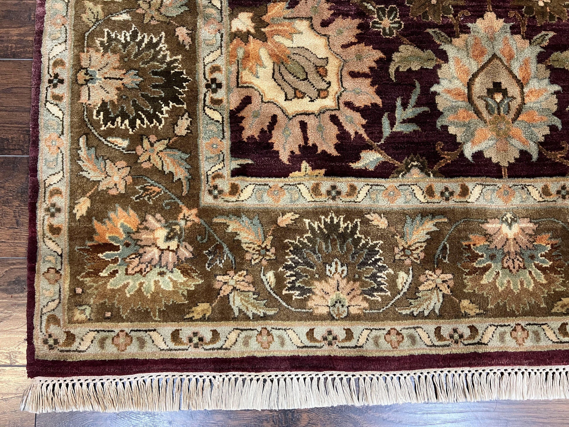 Indo Mahal Rug 6x9, Large Flowers Allover, Maroon and Green, Handmade Wool Area Rug, Vintage Rug, Indian Oriental Carpet, Hand Knotted Rug - Nuvé