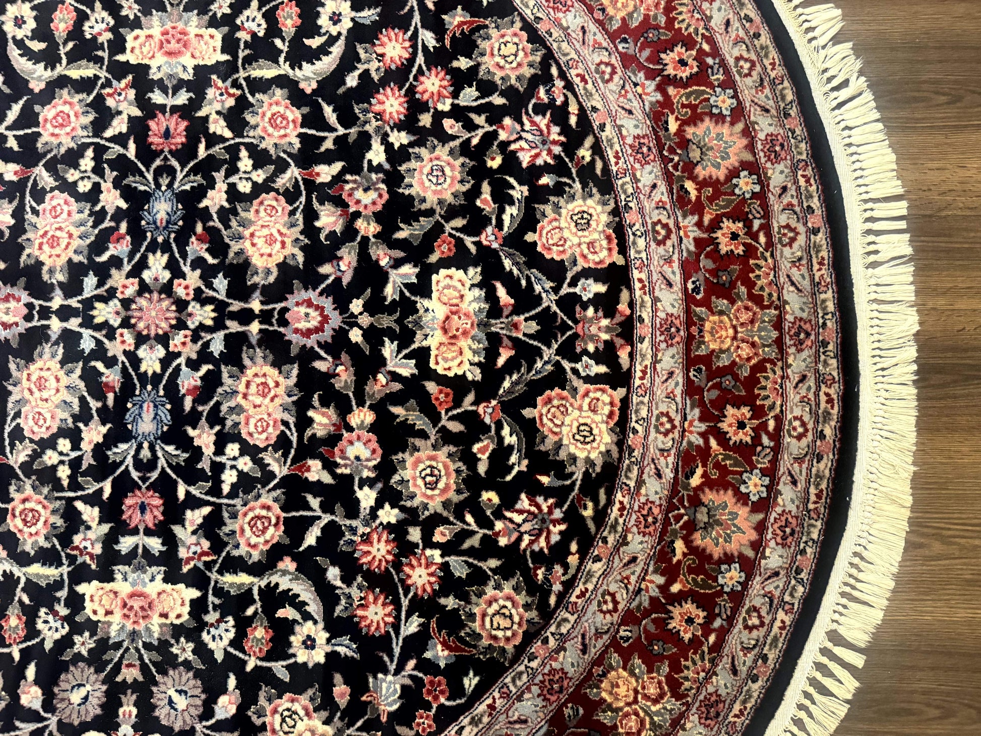 Round Sino Persian Rug 6x6, Floral, Navy Blue and Red, Wool and Silk Highlights - Nuvé
