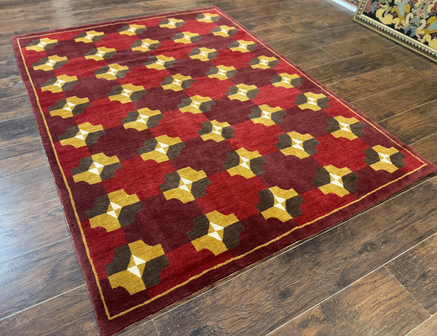 Modern Tibetan Rug 5 x 6.8, Wool, Red, Allover Pattern, Nepali Rug, Abstract Rug, Handmade Area Rug - Nuvé