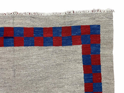 5' 7" x 7' 9" Geometric Kilim Carpet, Gray, Handmade, Hand-Knotted Area Rug, Blue & Red, Flatweave, Wool, New, Checkerboard Pattern