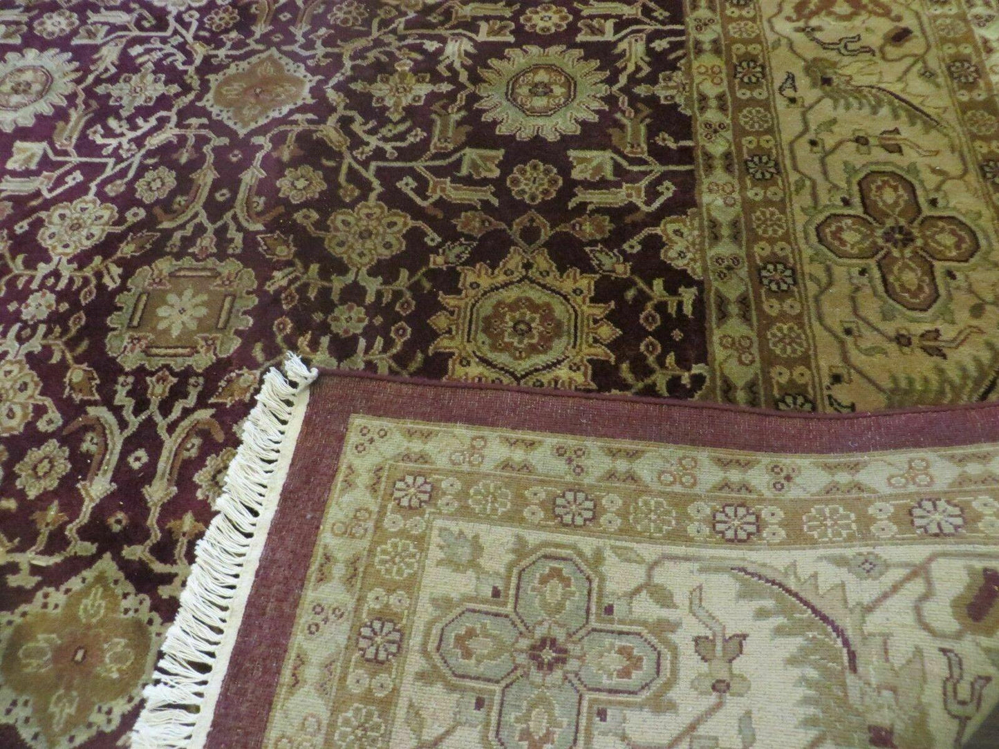 Indian Agra Rug 10x14 Vintage Handmade Larastan Wool Carpet Maroon Floral - Nuvé
