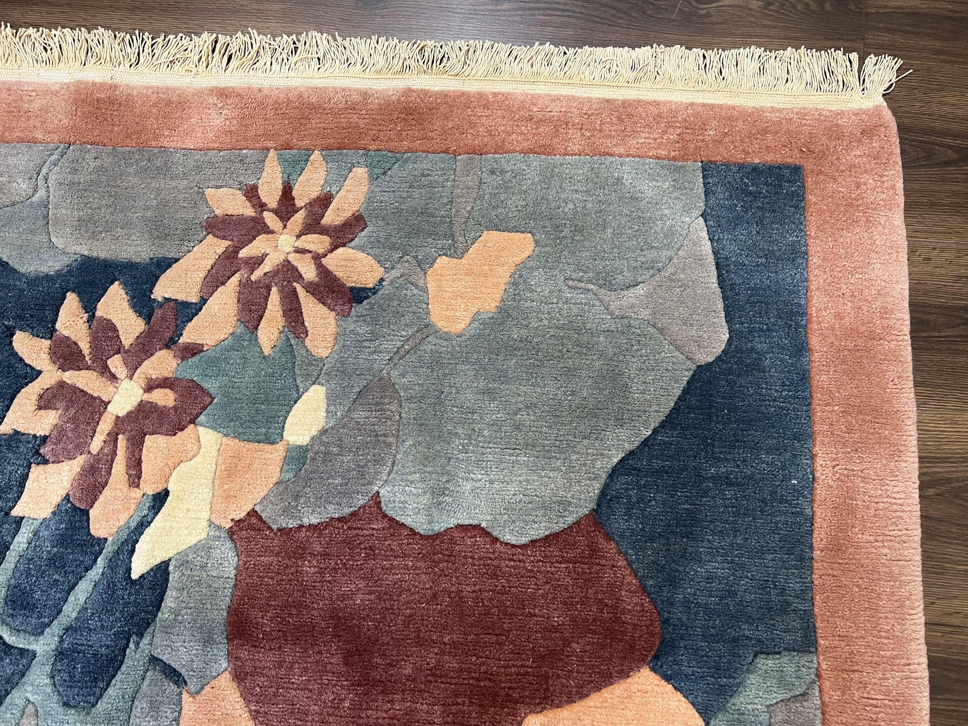 Modern Tibetan Rug 5.7 x 7.9, Abstract Multicolor Flower Pattern, Navy Blue Maroon Salmon, Soft Wool, Hand Knotted Contemporary Carpet 6x8 - Nuvé