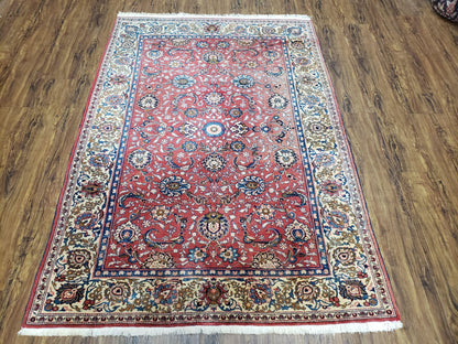 Semi Antique Persian Kashan Rug, Red & Beige, Hand-Knotted, Wool, 4'7" x 6' 6", Pair B - Nuvé