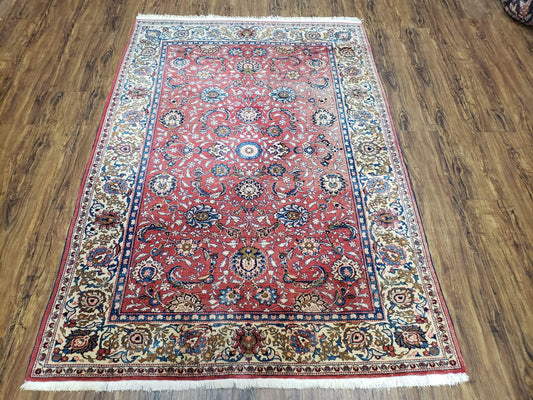 Semi Antique Persian Kashan Rug, Red & Beige, Hand-Knotted, Wool, 4'7" x 6' 6", Pair B - Nuvé