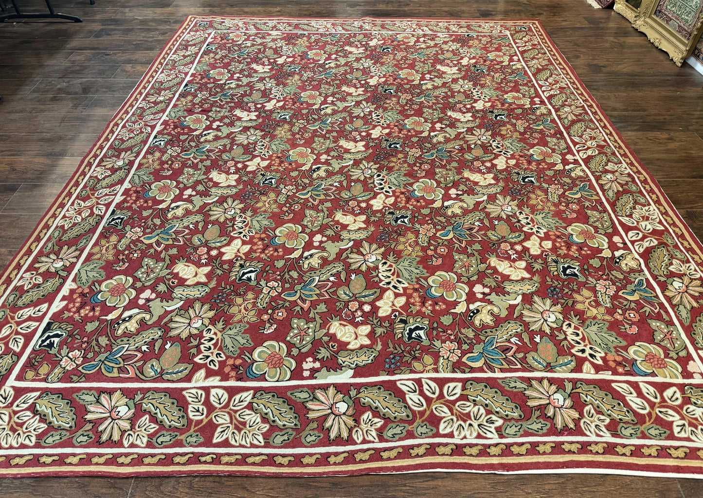 Indian Hand Stitched Rug 8x10, Large Vintage Floral Handmade Carpet, Dark Red Multicolor