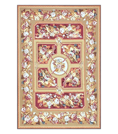Vintage Chinese Aubusson Savonnerie Flat Pile Rug 9.9 x 14.5 Wool Handwoven Red & Khaki Large Flowers Rug 9x14 - 10x15 Michaelian Kolhberg