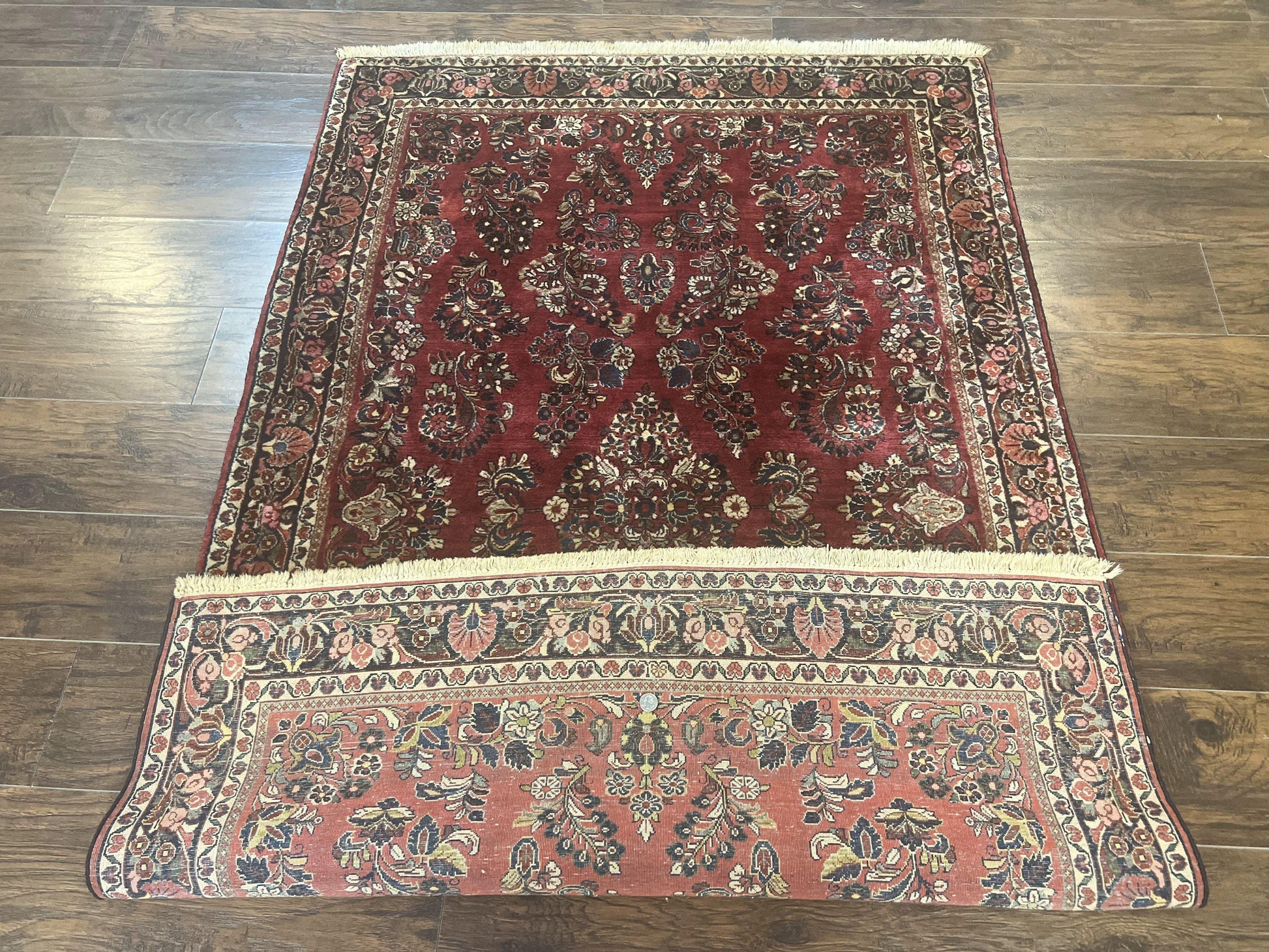 Antique Persian Sarouk Rug 4x7, Hand Knotted Wool Red Persian Carpet, Floral - Nuvé