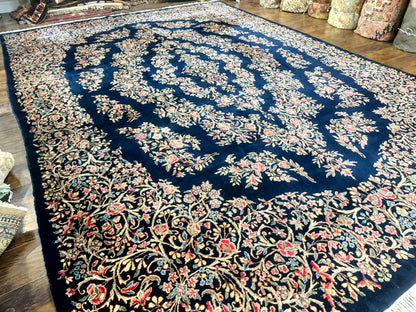 Antique Persian Kerman Rug 10x13, Navy Blue Floral Carpet, Fine 270 KPSI - Nuvé