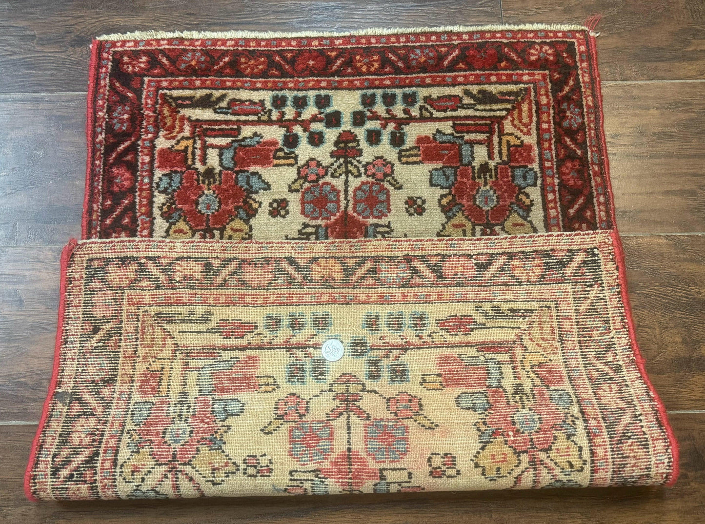 Small Antique Persian Rug 2x3, Beige and Red, Floral, Wool, Hamadan Rug - Nuvé