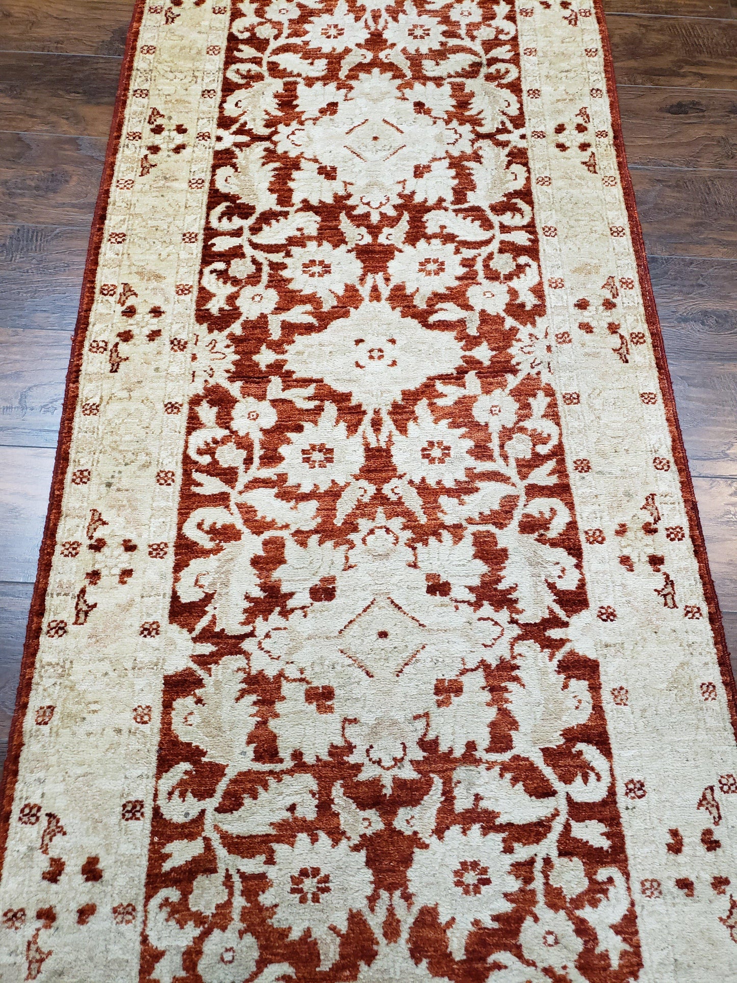 21 ft Runner Rug Long Hallway Runner, 3 x 21 Corridor Rug, Peshawar Pak Persian Chobi Agra Rug, Maroon and Beige Large Flowers Wool Handmade - Nuvé