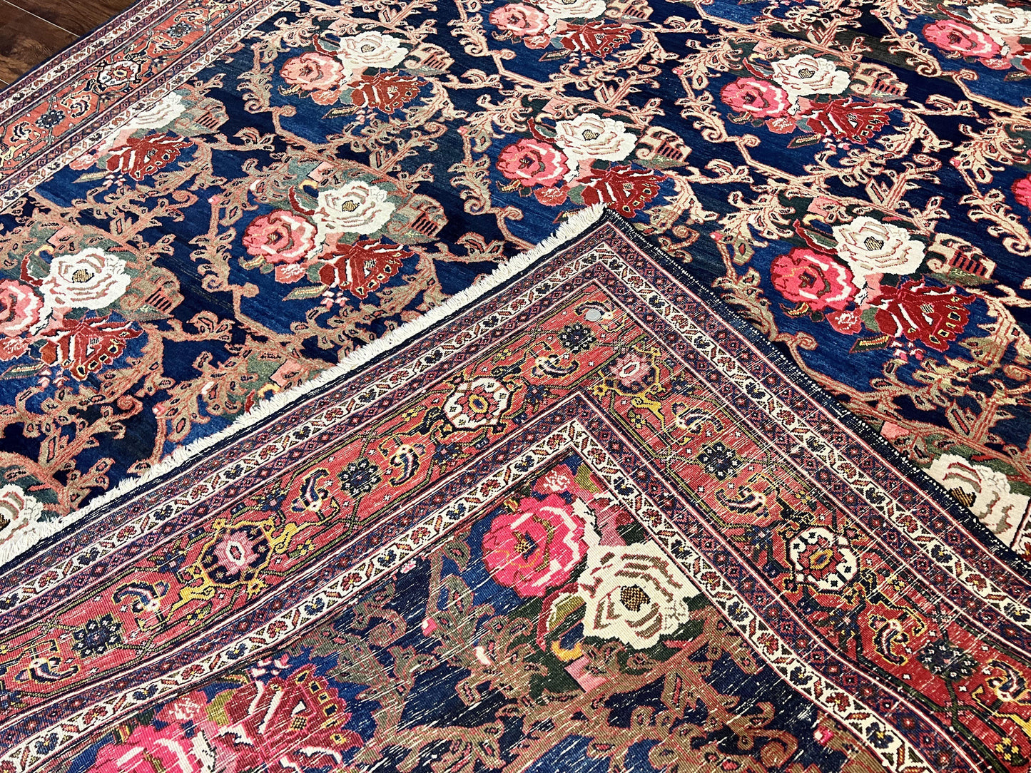 Persian Bidjar Rug 8x11, Floral Bouquets, Blue Black Red Pink, Handmade Hand Knotted Vintage Semi Antique Oriental Carpet - Nuvé