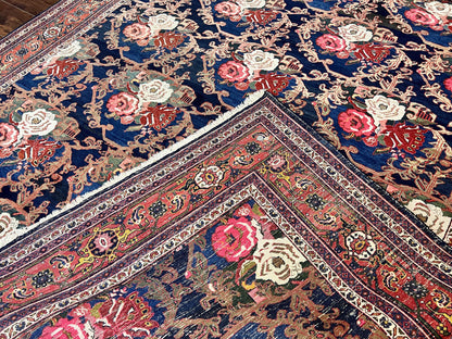Persian Bidjar Rug 8x11, Floral Bouquets, Blue Black Red Pink, Handmade Hand Knotted Vintage Semi Antique Oriental Carpet - Nuvé