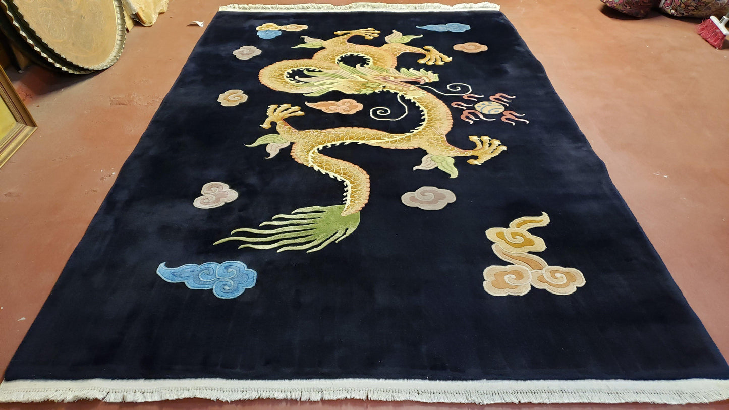 Rare Antique Chinese Art Deco Rug 6x9 with Dragon, Black Chinese Carpet 6 x 9, Hand Knotted Wool Area Rug - Nuvé