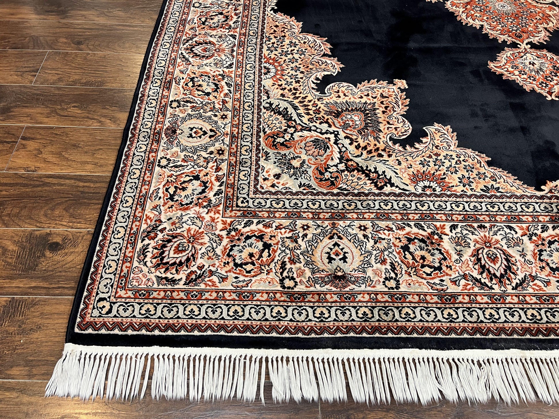 Karastan Rug 10x13, Karastan Ebony Kirman Rug, Room SIzed Wool Pile Vintage Karastan Carpet, Belgium Power Loomed Rug, Black Semi Open Field - Nuvé