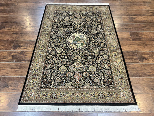Pak Persian Rug 4x6, Wool Hand Knotted Vintage Carpet, Black & Olive Green, Bird Pictorials, Floral Fine Oriental Rug - Nuvé