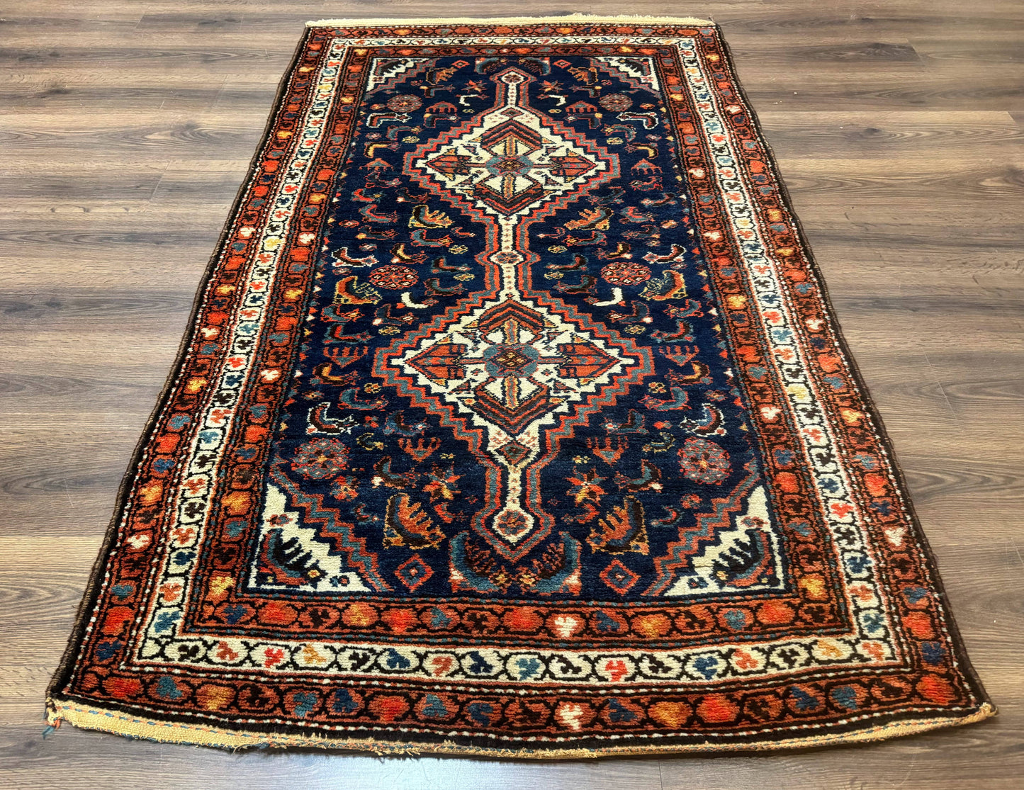 Antique Persian Hamadan Rug 4x6, Geometric, Double Medallions, Navy Blue, Tribal Carpet - Nuvé