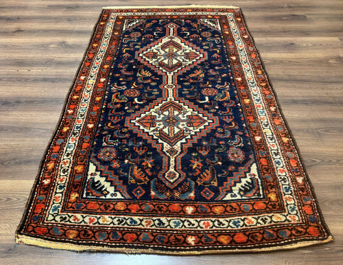 Antique Persian Hamadan Rug 4x6, Geometric, Double Medallions, Navy Blue, Tribal Carpet - Nuvé