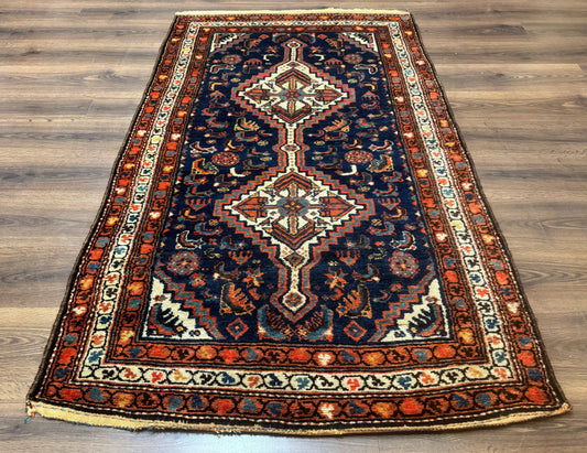 Antique Persian Hamadan Rug 4x6, Geometric, Double Medallions, Navy Blue, Tribal Carpet - Nuvé