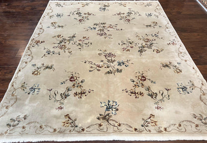 Chinese 120 Line Rug 8x10, Chinese Aubusson Wool & Silk Highlights Handmade Vintage Carpet, Beige Fine Weave Rug, Floral European Design - Nuvé