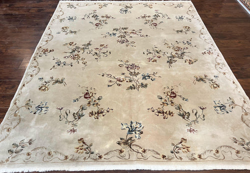 Chinese 120 Line Rug 8x10, Chinese Aubusson Wool & Silk Highlights Handmade Vintage Carpet, Beige Fine Weave Rug, Floral European Design - Nuvé