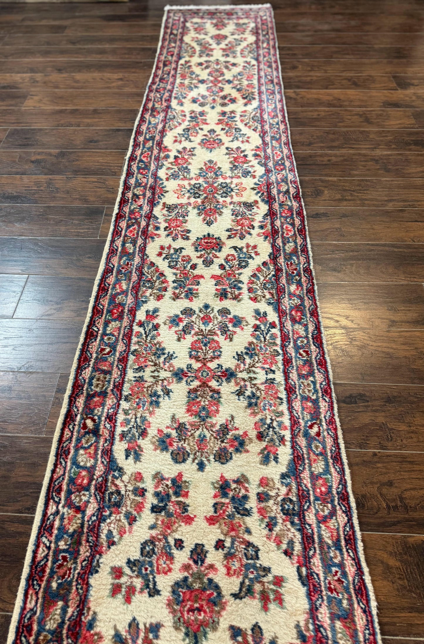 Persian Sarouk Runner Rug 2.4 x 21, Handmade Wool Floral Runner Rug for Hallway, 21ft Runner, Ivory - Nuvé