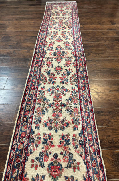 Persian Sarouk Runner Rug 2.4 x 21, Handmade Wool Floral Runner Rug for Hallway, 21ft Runner, Ivory - Nuvé