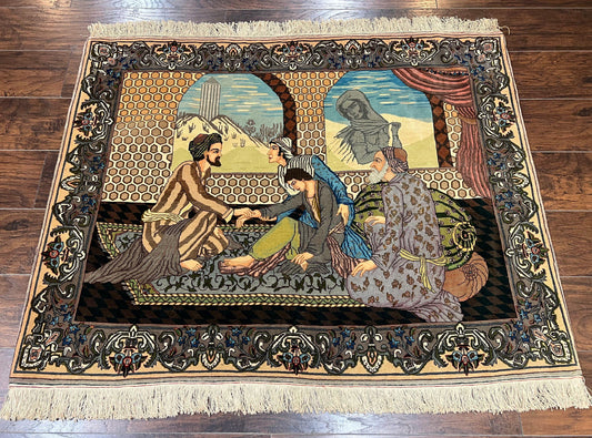Persian Tabriz Pictorial Rug 4.8 x 3.8, Horizontal Oriental Carpet for Hanging on Wall, Hand Knotted Wool Vintage Fine Carpet, Doctor and Patients - Nuvé